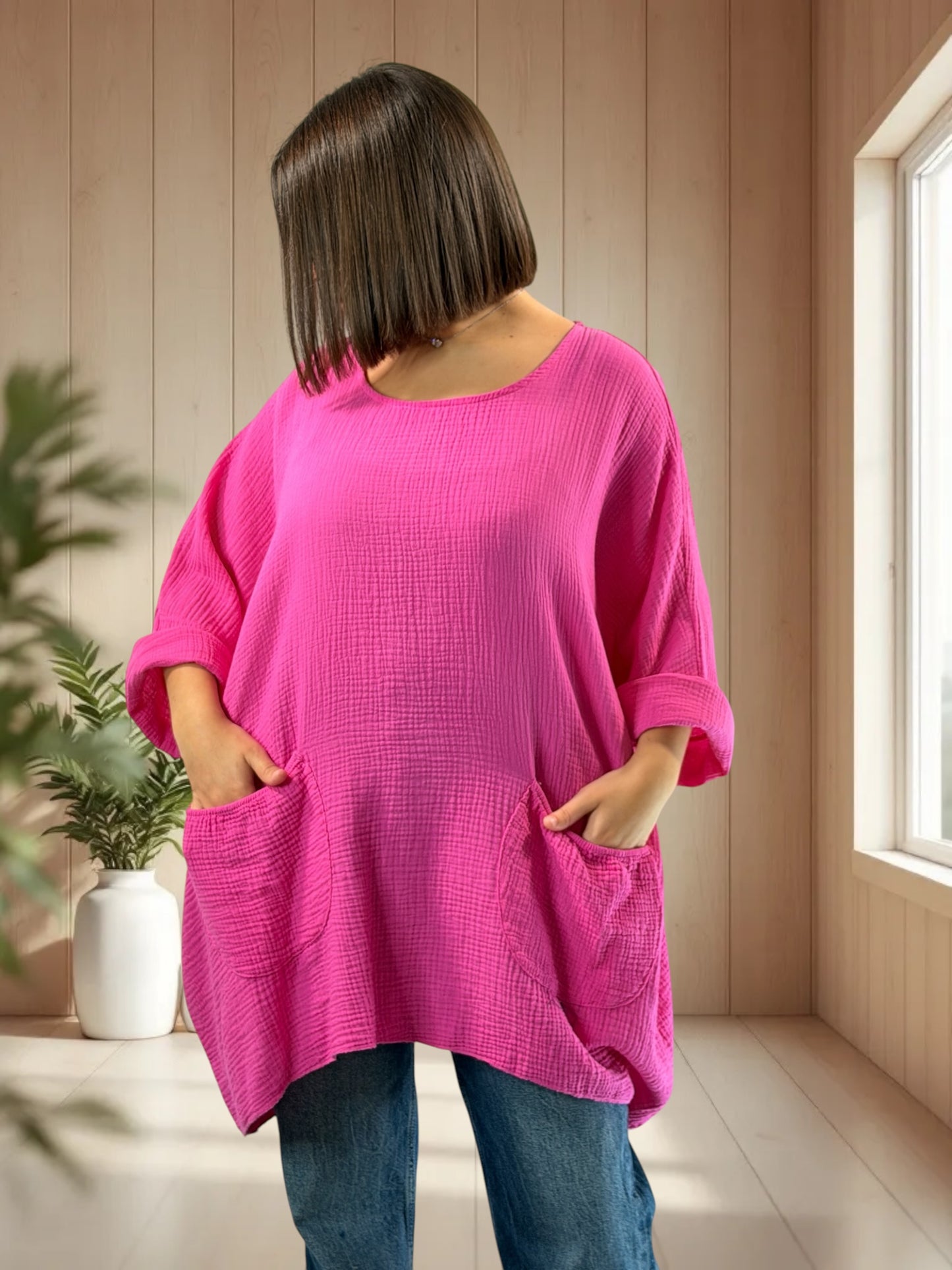 ANAIS - TUNIQUE OVERSIZE FUCHSIA EN GAZE DE COTON JUSQU'A LA TAILLE 58