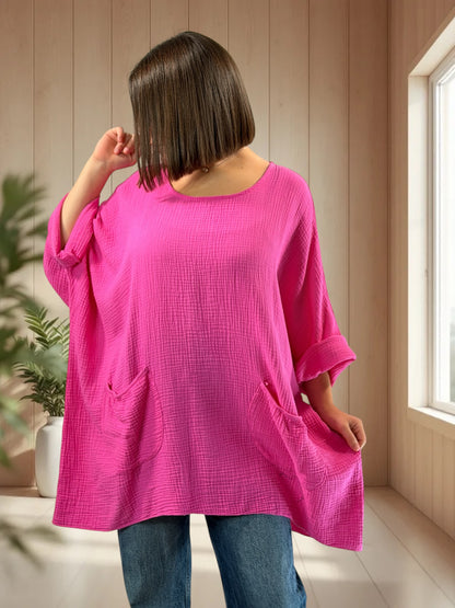 ANAIS - TUNIQUE OVERSIZE FUCHSIA EN GAZE DE COTON JUSQU'A LA TAILLE 58
