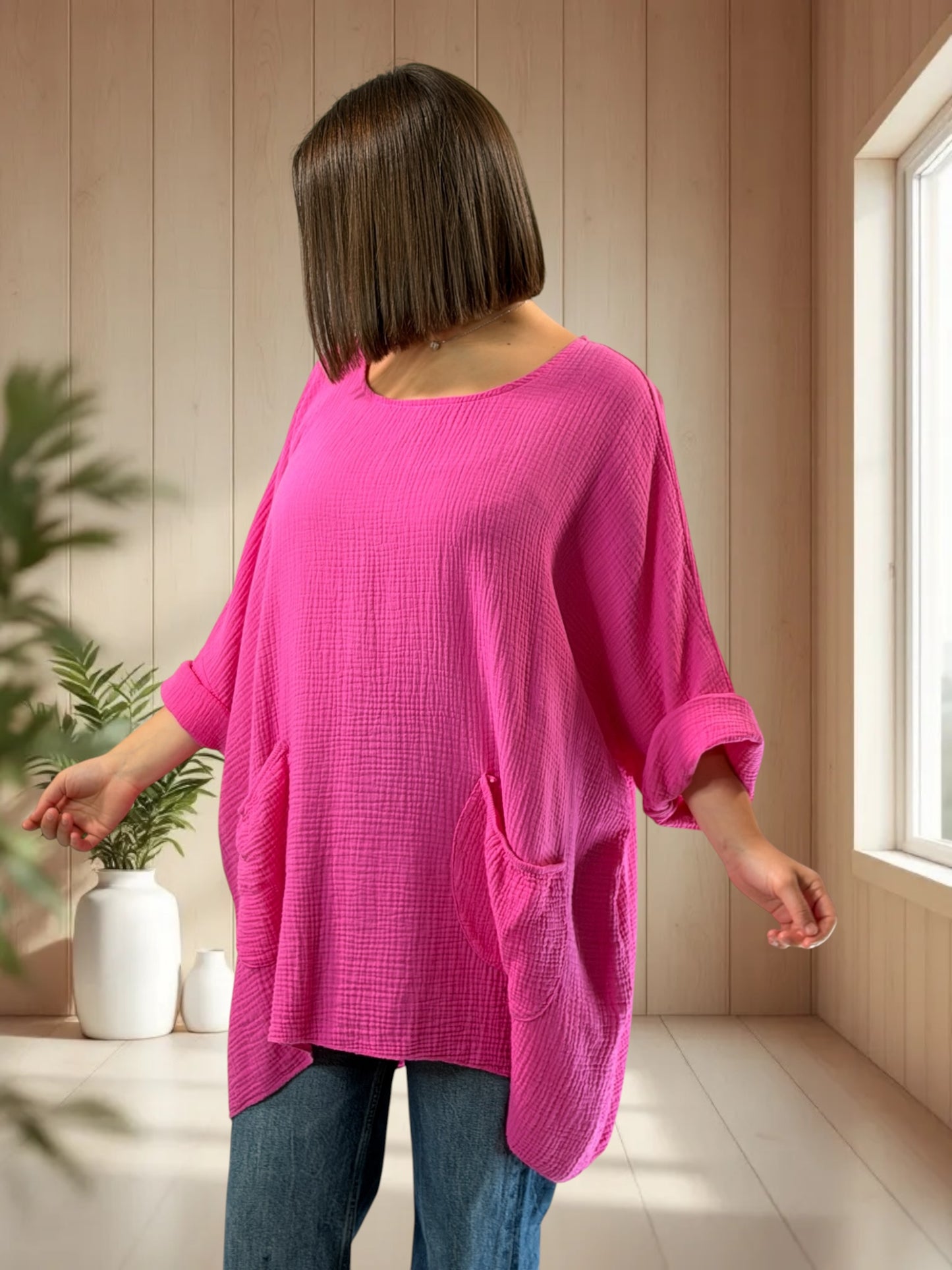 ANAIS - TUNIQUE OVERSIZE FUCHSIA EN GAZE DE COTON JUSQU'A LA TAILLE 58