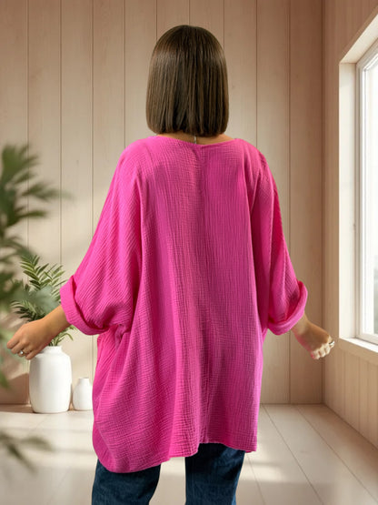 ANAIS - TUNIQUE OVERSIZE FUCHSIA EN GAZE DE COTON JUSQU'A LA TAILLE 58
