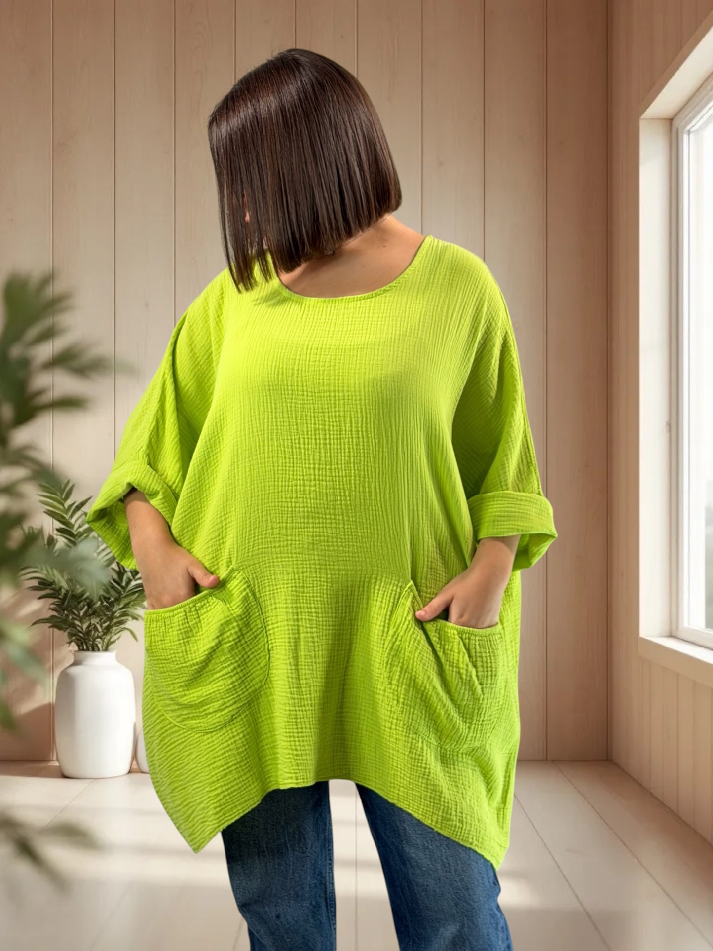 ANAIS - TUNIQUE OVERSIZE VERTE EN GAZE DE COTON JUSQU'A LA TAILLE 58