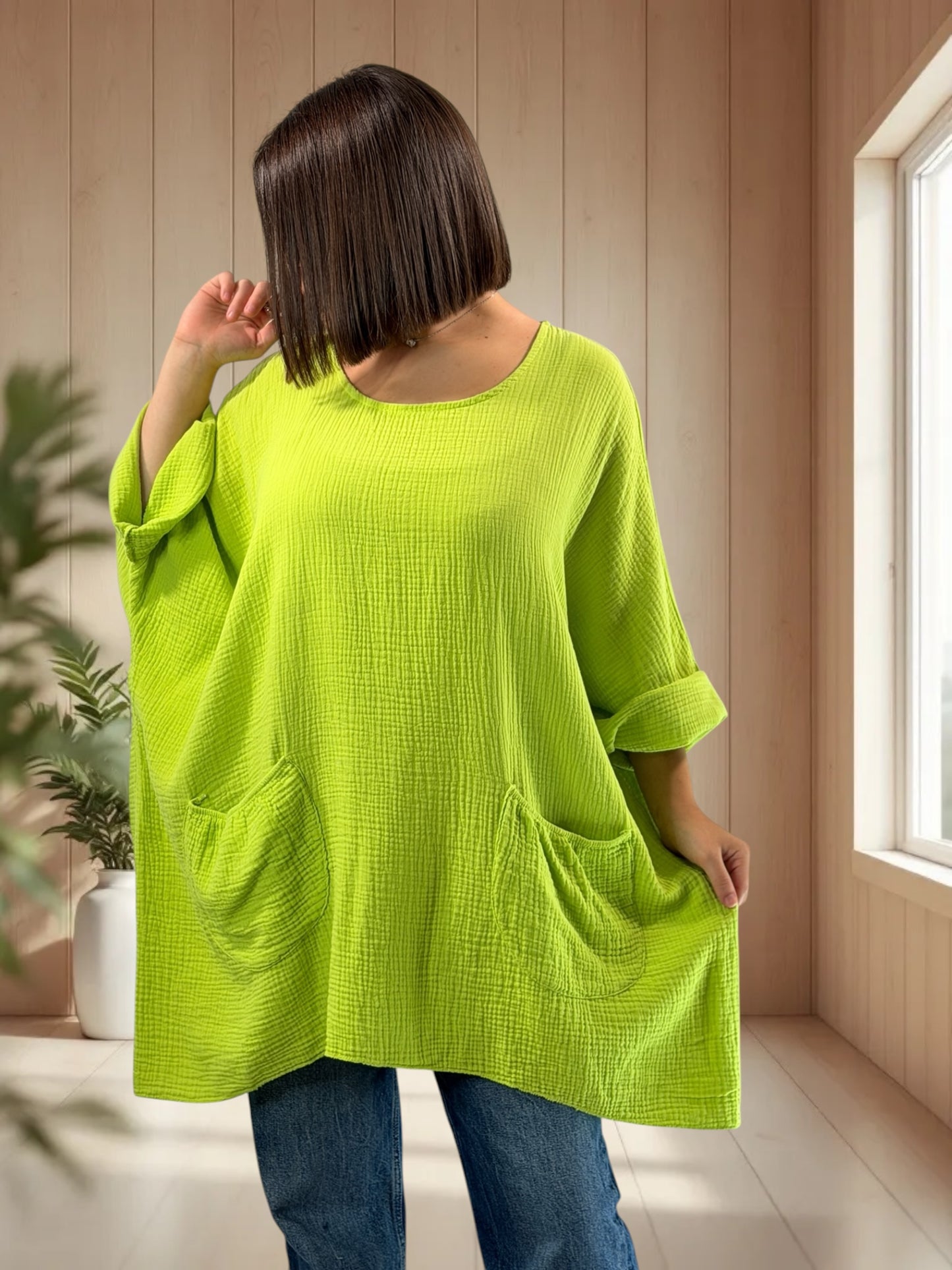 ANAIS - TUNIQUE OVERSIZE VERTE EN GAZE DE COTON JUSQU'A LA TAILLE 58
