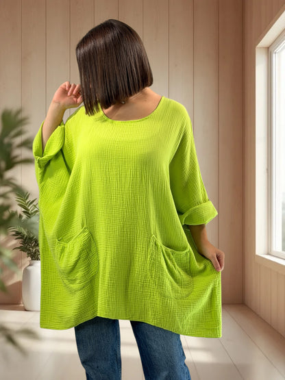 ANAIS - TUNIQUE OVERSIZE VERTE EN GAZE DE COTON JUSQU'A LA TAILLE 58
