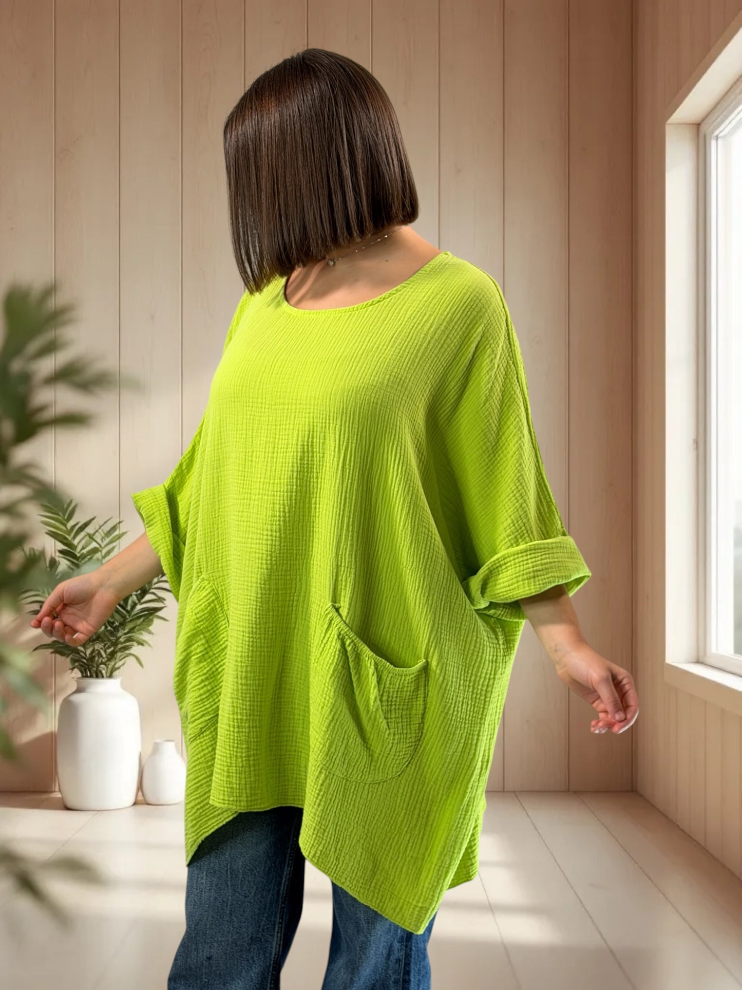 ANAIS - TUNIQUE OVERSIZE VERTE EN GAZE DE COTON JUSQU'A LA TAILLE 58