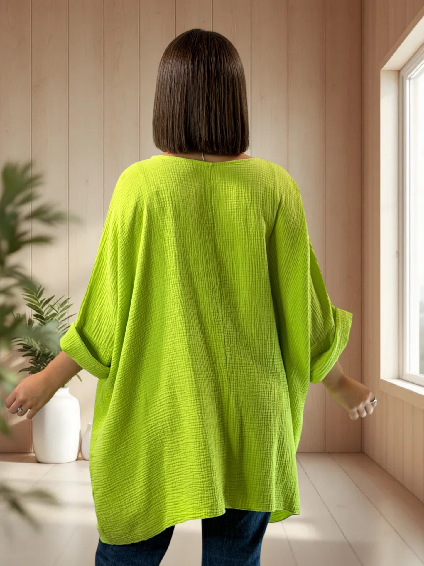 ANAIS - TUNIQUE OVERSIZE VERTE EN GAZE DE COTON JUSQU'A LA TAILLE 58