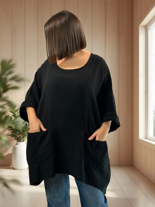 ANAIS - TUNIQUE OVERSIZE NOIRE EN GAZE DE COTON JUSQU'A LA TAILLE 58