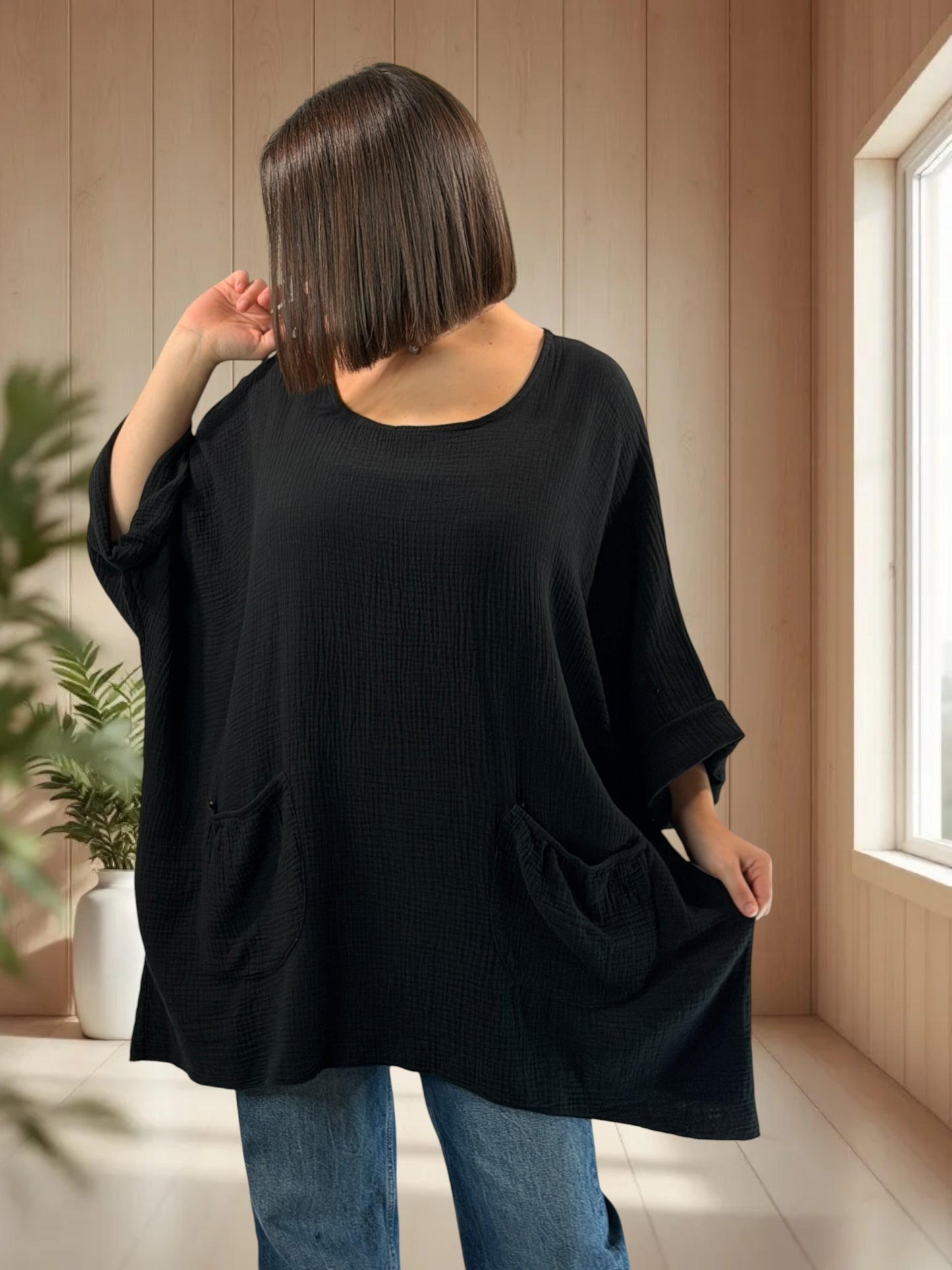 ANAIS - TUNIQUE OVERSIZE NOIRE EN GAZE DE COTON JUSQU'A LA TAILLE 58