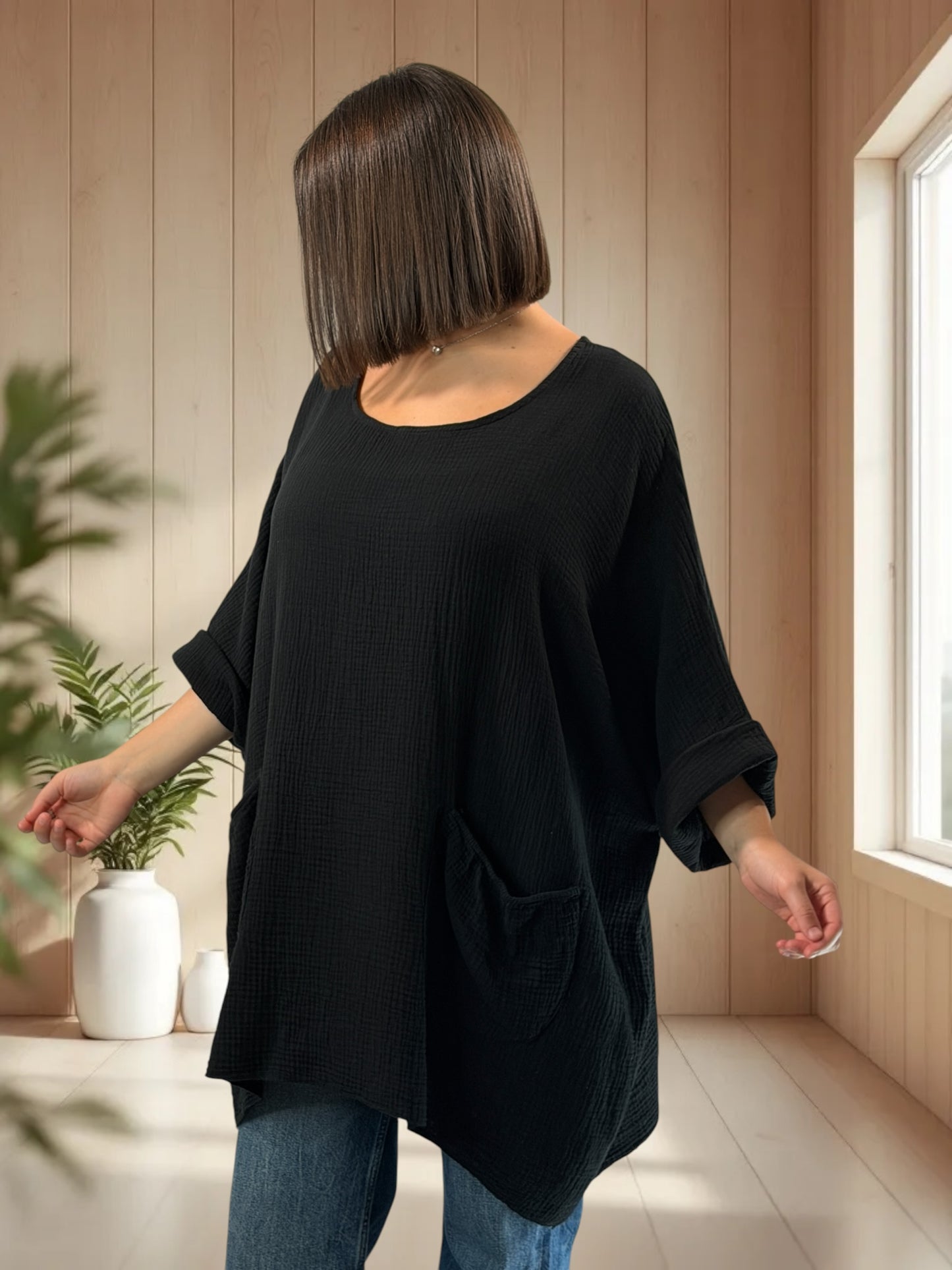ANAIS - TUNIQUE OVERSIZE NOIRE EN GAZE DE COTON JUSQU'A LA TAILLE 58