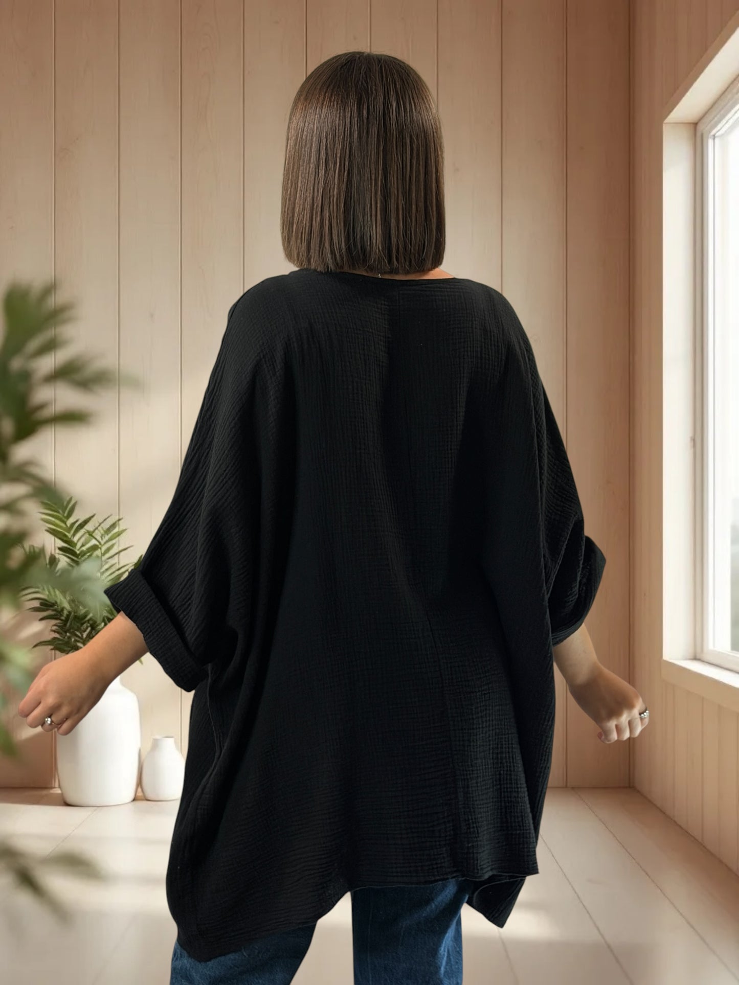 ANAIS - TUNIQUE OVERSIZE NOIRE EN GAZE DE COTON JUSQU'A LA TAILLE 58