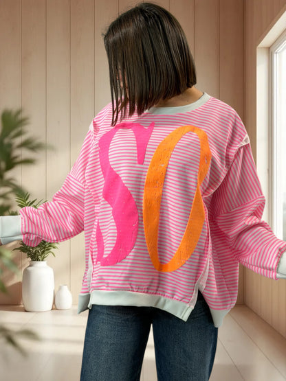 SOHO- SWEAT OVERSIZE A RAYURE FUCHSIA JUSQU'A LA TAILLE 52/54