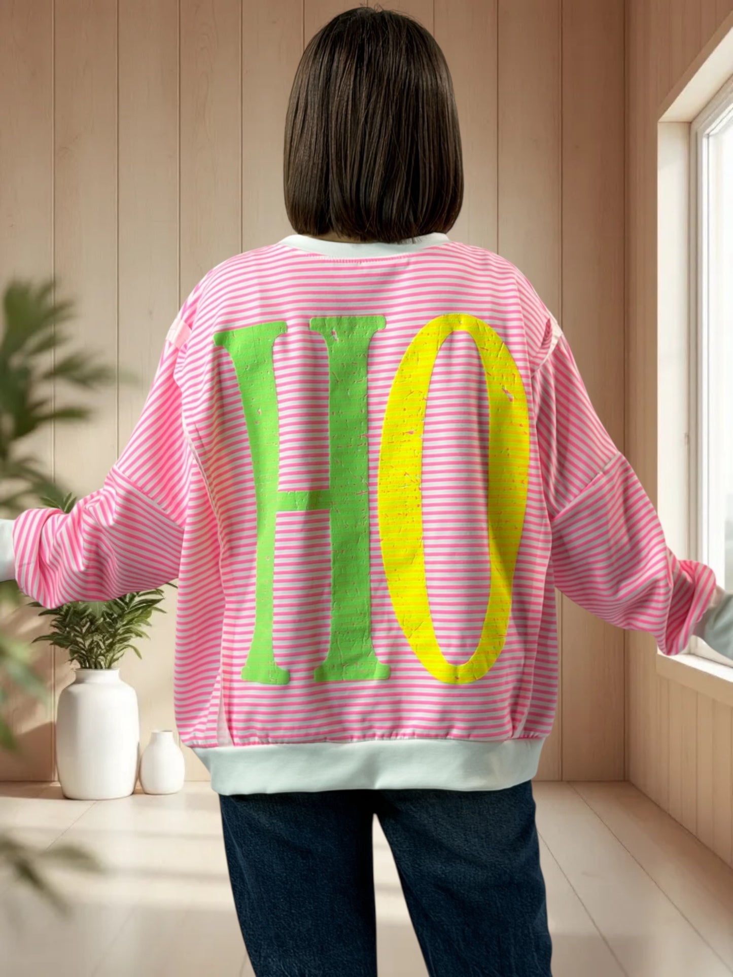 SOHO- SWEAT OVERSIZE A RAYURE FUCHSIA JUSQU'A LA TAILLE 52/54