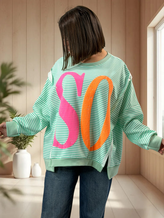 SOHO- SWEAT OVERSIZE A RAYURE VERTE JUSQU'A LA TAILLE 52/54