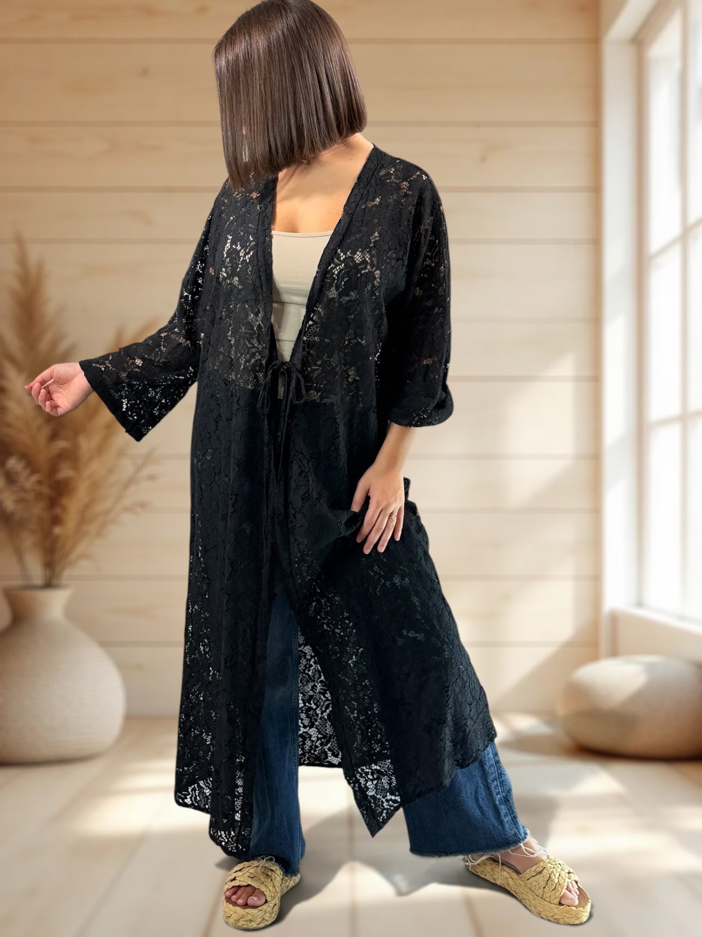 ALISON - KIMONO NOIR EN DENTELLE JUSQU'A LA TAILLE 48/50