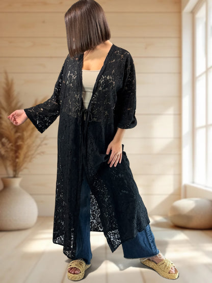 ALISON - KIMONO NOIR EN DENTELLE JUSQU'A LA TAILLE 48/50