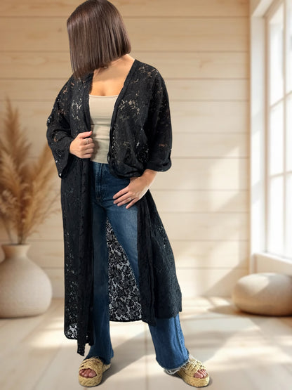 ALISON - KIMONO NOIR EN DENTELLE JUSQU'A LA TAILLE 48/50