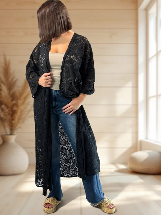 ALISON - KIMONO NOIR EN DENTELLE JUSQU'A LA TAILLE 48/50