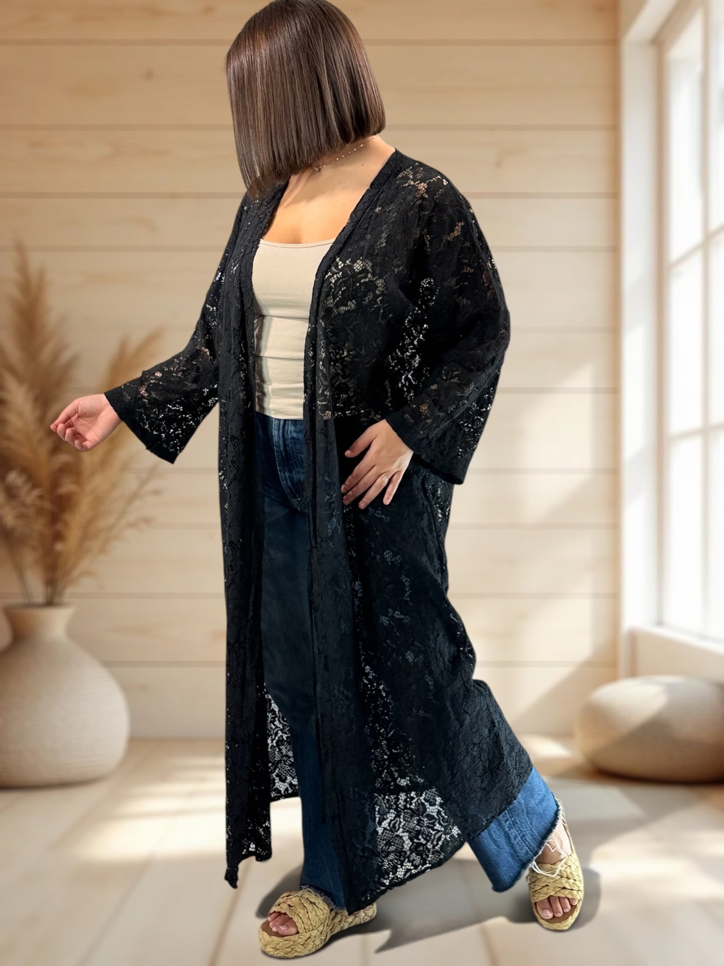 ALISON - KIMONO NOIR EN DENTELLE JUSQU'A LA TAILLE 48/50