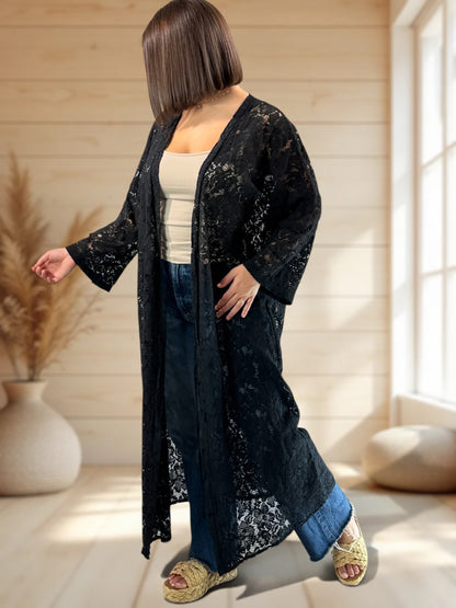 ALISON - KIMONO NOIR EN DENTELLE JUSQU'A LA TAILLE 48/50