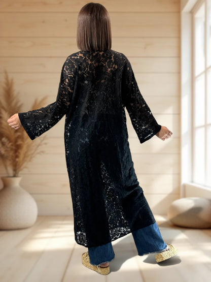 ALISON - KIMONO NOIR EN DENTELLE JUSQU'A LA TAILLE 48/50