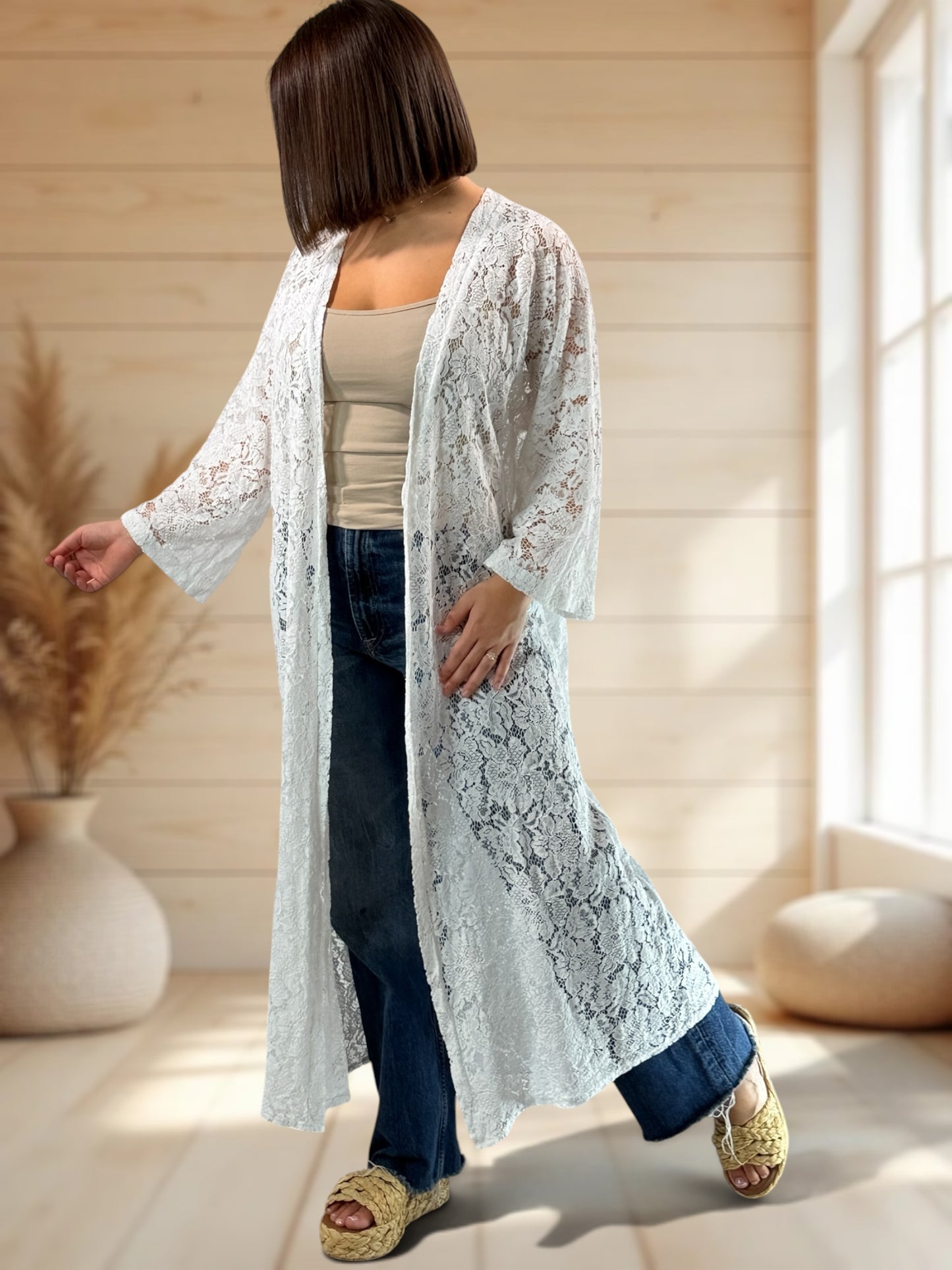 ALISON - KIMONO BLANC EN DENTELLE JUSQU'A LA TAILLE 48/50