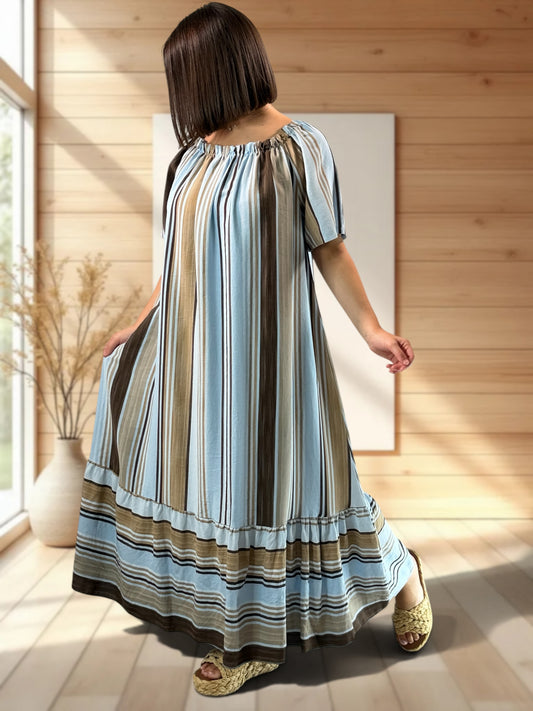 OLIVIA - ROBE LONGUE A RAYURE BLEU CIEL JUSQU'A LA TAILLE 52