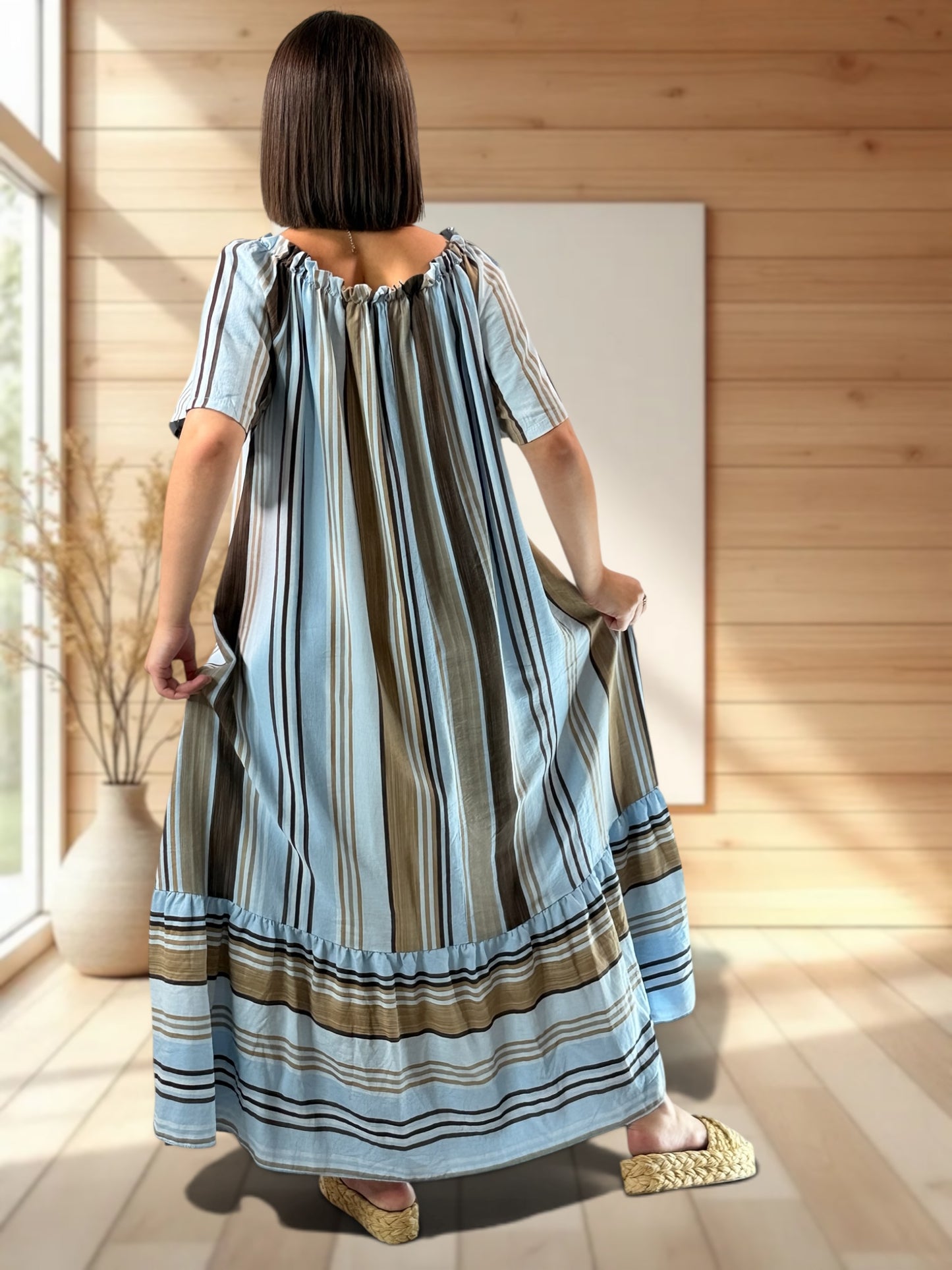 OLIVIA - ROBE LONGUE A RAYURE BLEU CIEL JUSQU'A LA TAILLE 52