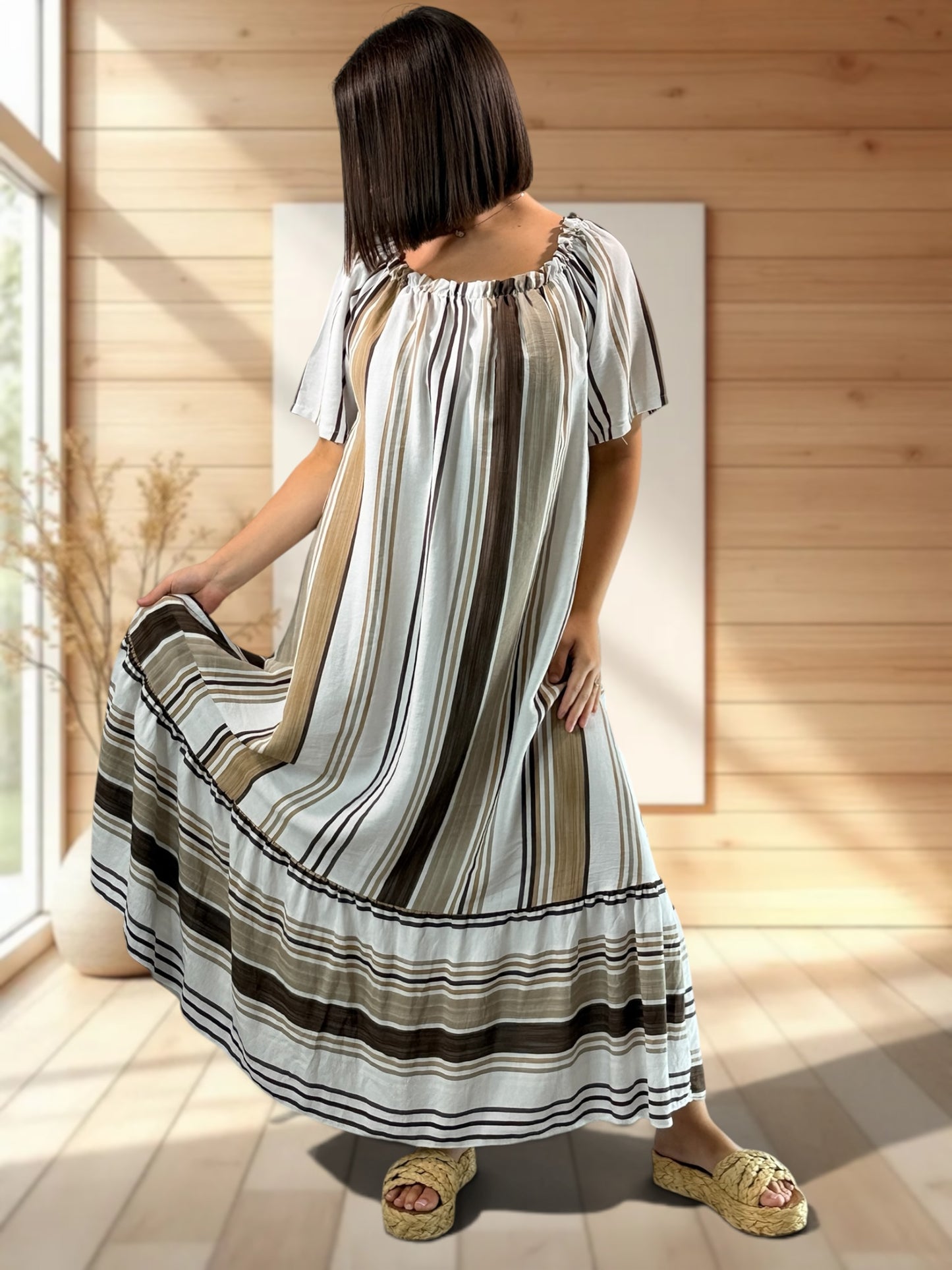 OLIVIA - ROBE LONGUE A RAYURE CAMEL JUSQU'A LA TAILLE 52