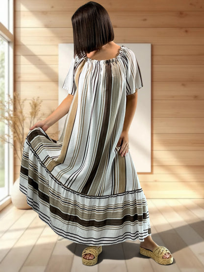 OLIVIA - ROBE LONGUE A RAYURE CAMEL JUSQU'A LA TAILLE 52