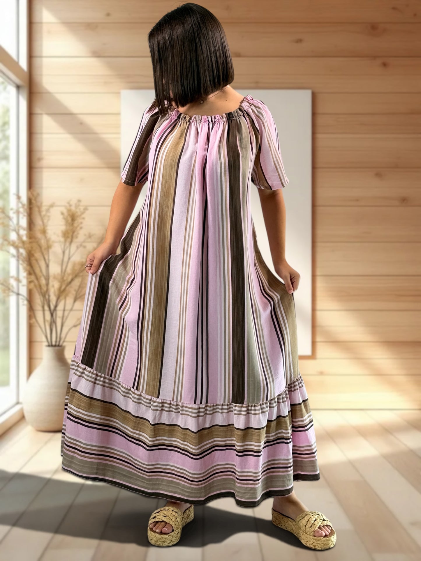 OLIVIA - ROBE LONGUE A RAYURE ROSE JUSQU'A LA TAILLE 52