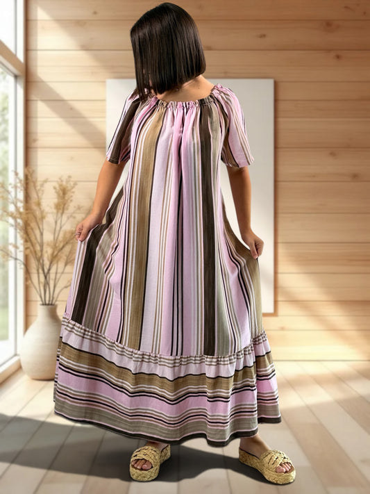 OLIVIA - ROBE LONGUE A RAYURE ROSE JUSQU'A LA TAILLE 52