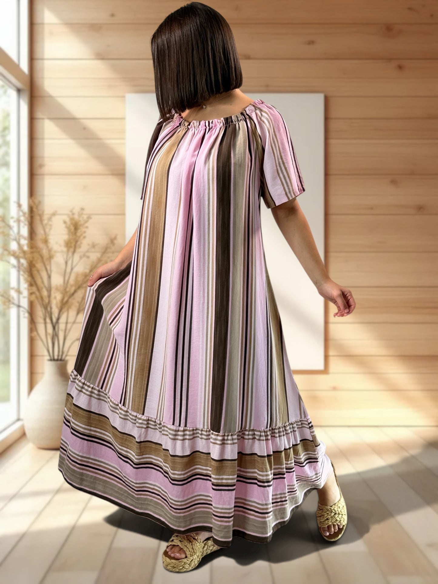 OLIVIA - ROBE LONGUE A RAYURE ROSE JUSQU'A LA TAILLE 52