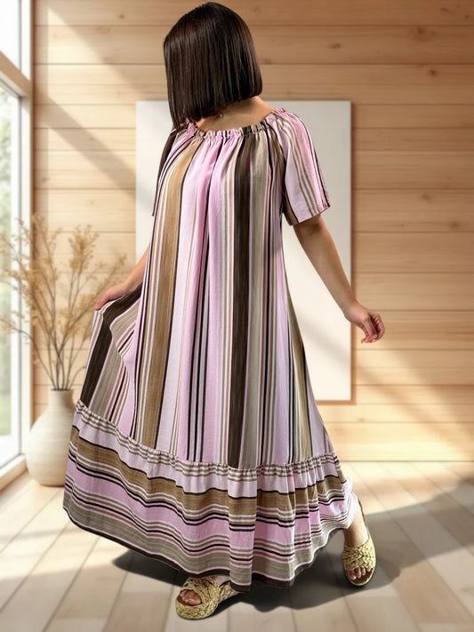 OLIVIA - ROBE LONGUE A RAYURE ROSE JUSQU'A LA TAILLE 52