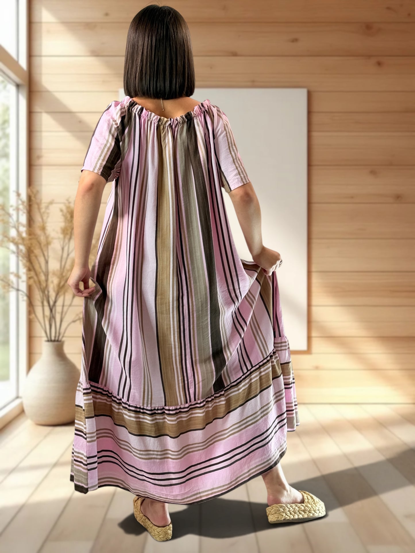 OLIVIA - ROBE LONGUE A RAYURE ROSE JUSQU'A LA TAILLE 52