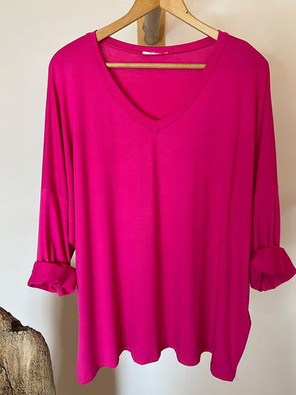 BASTIEN - T-SHIRT EN VISCOSE FUCHSIA MANCHES LONGUES JUSQU'A LA TAILLE 52/54