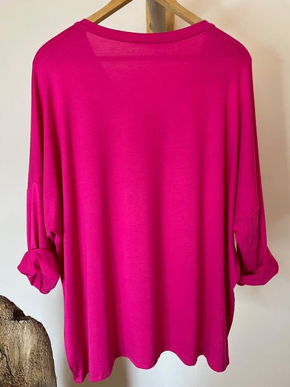 BASTIEN - T-SHIRT EN VISCOSE FUCHSIA MANCHES LONGUES JUSQU'A LA TAILLE 52/54