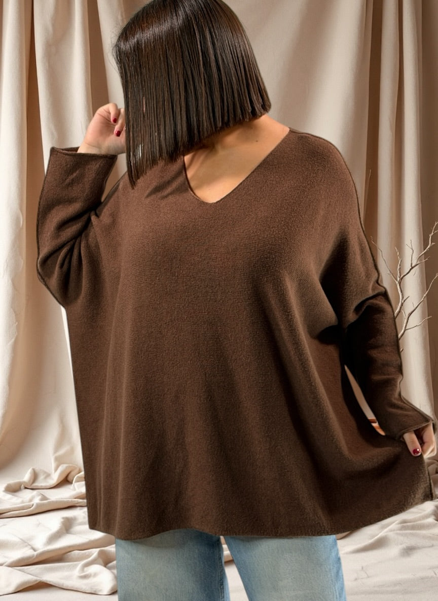 PAOLA - PULL OVERSIZE MARRON JUSQU'A LA TAILLE 54/56