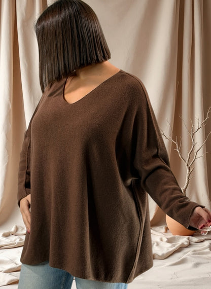 PAOLA - PULL OVERSIZE MARRON JUSQU'A LA TAILLE 54/56