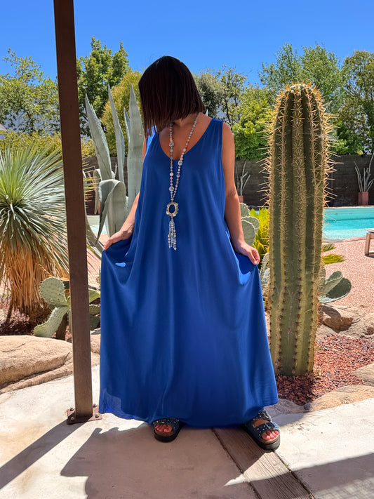 LYLOU - ROBE LONGUE BLEU IMPERIAL VISCOSE JUSQU'A LA TAILLE 54