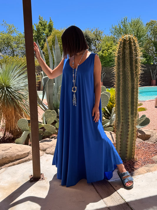 LYLOU - ROBE LONGUE BLEU IMPERIAL VISCOSE JUSQU'A LA TAILLE 54