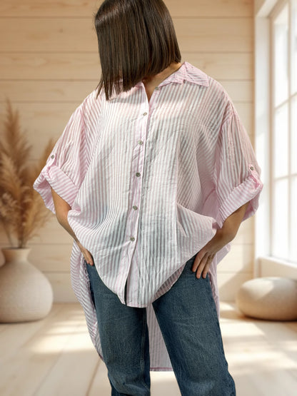 COLINE - CHEMISE OVERSIZE ROSE A RAYURE JUSQU'A LA TAILLE 60
