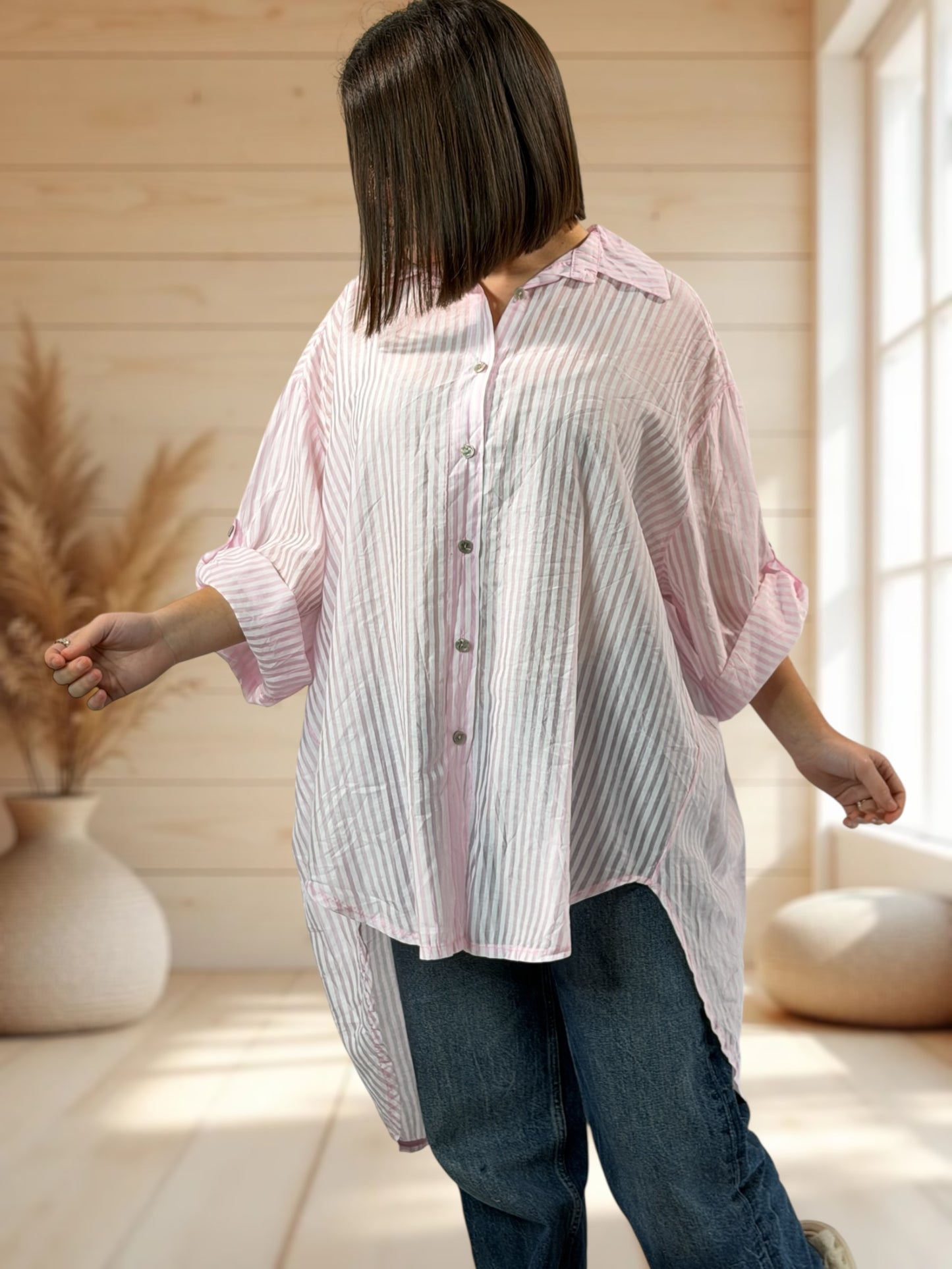 COLINE - CHEMISE OVERSIZE ROSE A RAYURE JUSQU'A LA TAILLE 60