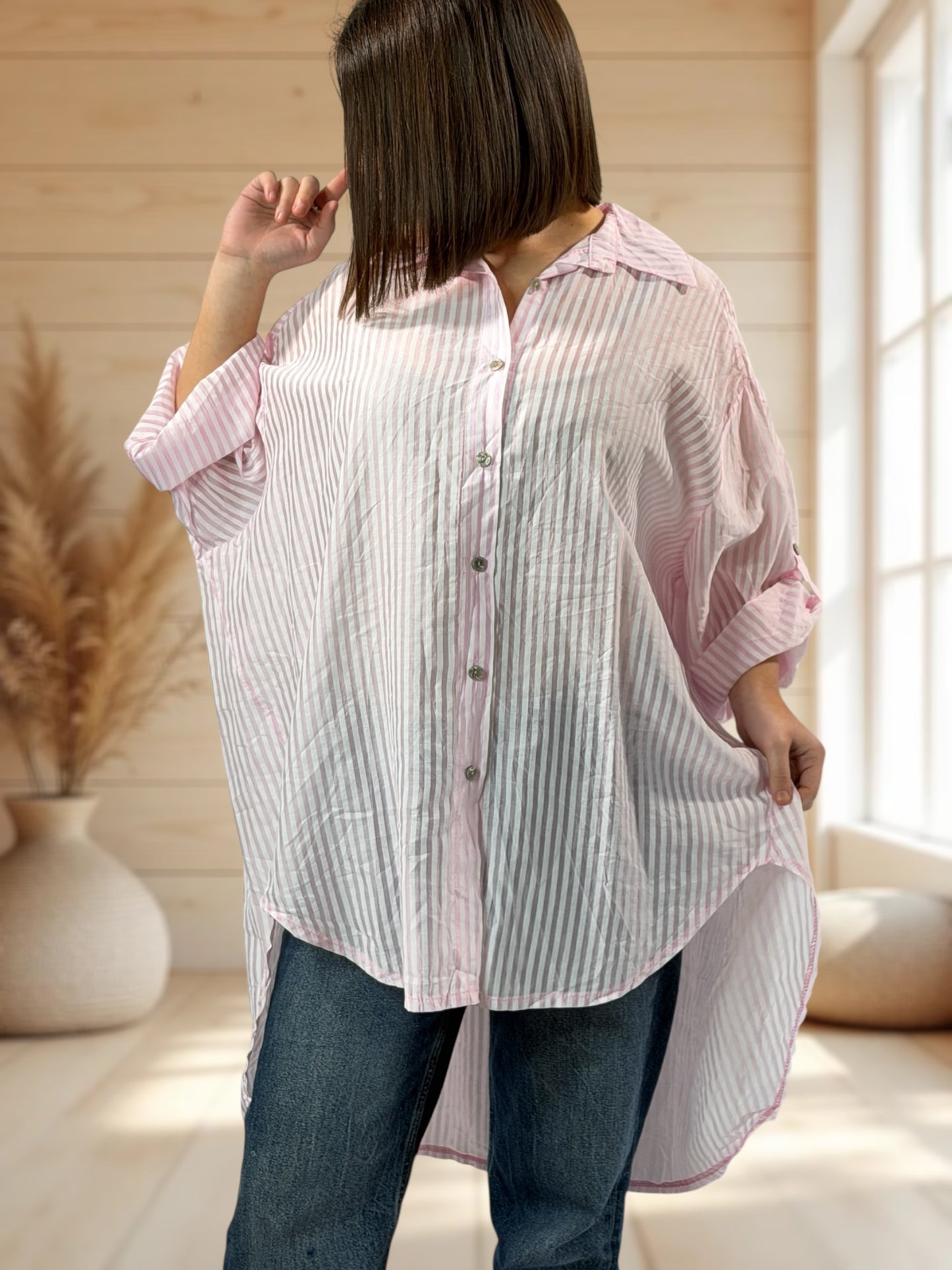 COLINE - CHEMISE OVERSIZE ROSE A RAYURE JUSQU'A LA TAILLE 60