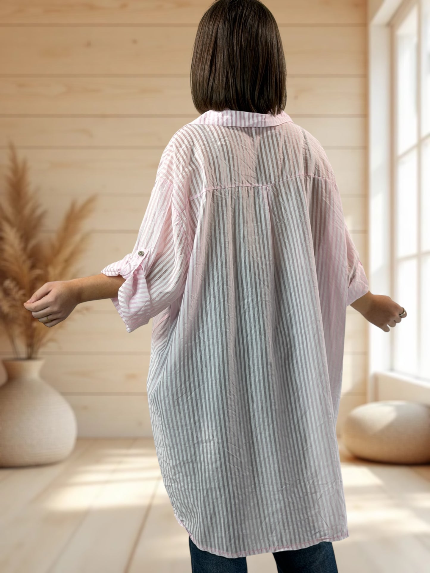 COLINE - CHEMISE OVERSIZE ROSE A RAYURE JUSQU'A LA TAILLE 60
