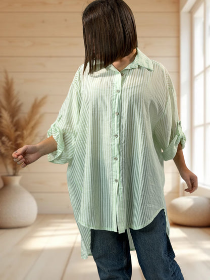 COLINE - CHEMISE OVERSIZE VERT ANIS A RAYURE JUSQU'A LA TAILLE 60
