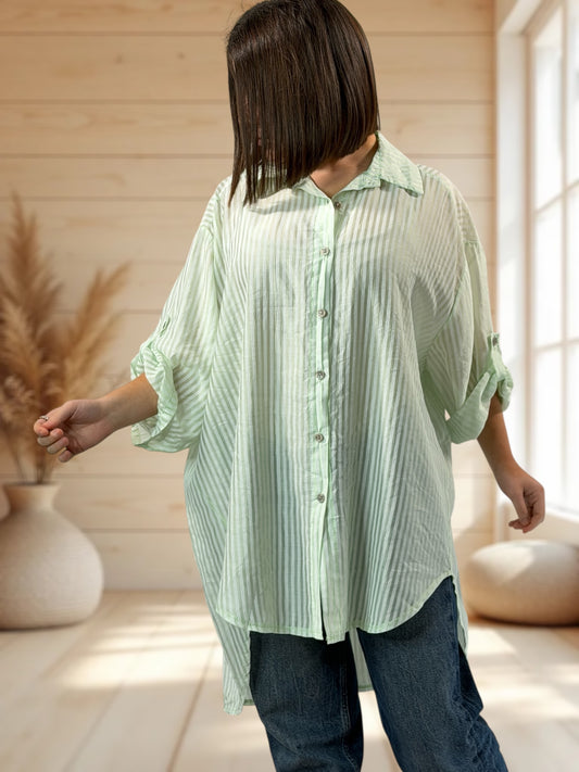 COLINE - CHEMISE OVERSIZE VERT ANIS A RAYURE JUSQU'A LA TAILLE 60