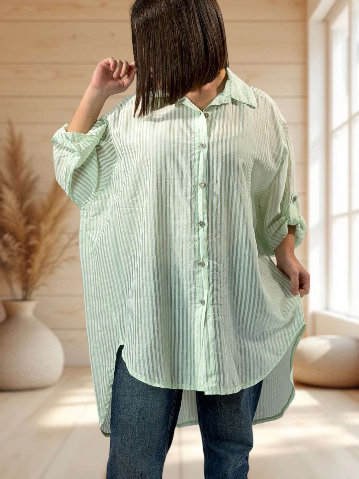 COLINE - CHEMISE OVERSIZE VERT ANIS A RAYURE JUSQU'A LA TAILLE 60