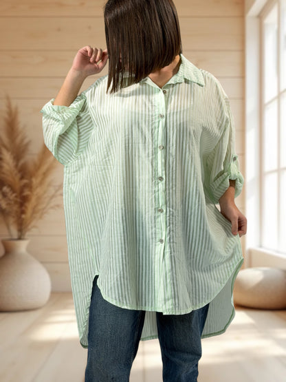 COLINE - CHEMISE OVERSIZE VERT ANIS A RAYURE JUSQU'A LA TAILLE 60