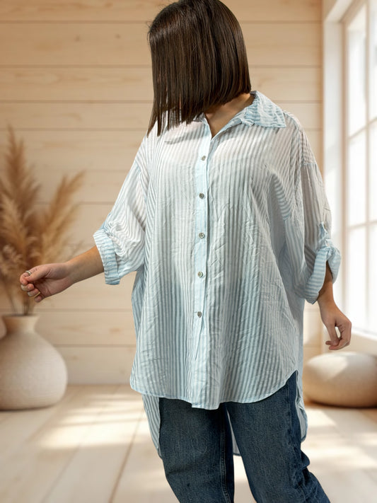 COLINE - CHEMISE OVERSIZE BLEUE A RAYURE JUSQU'A LA TAILLE 60