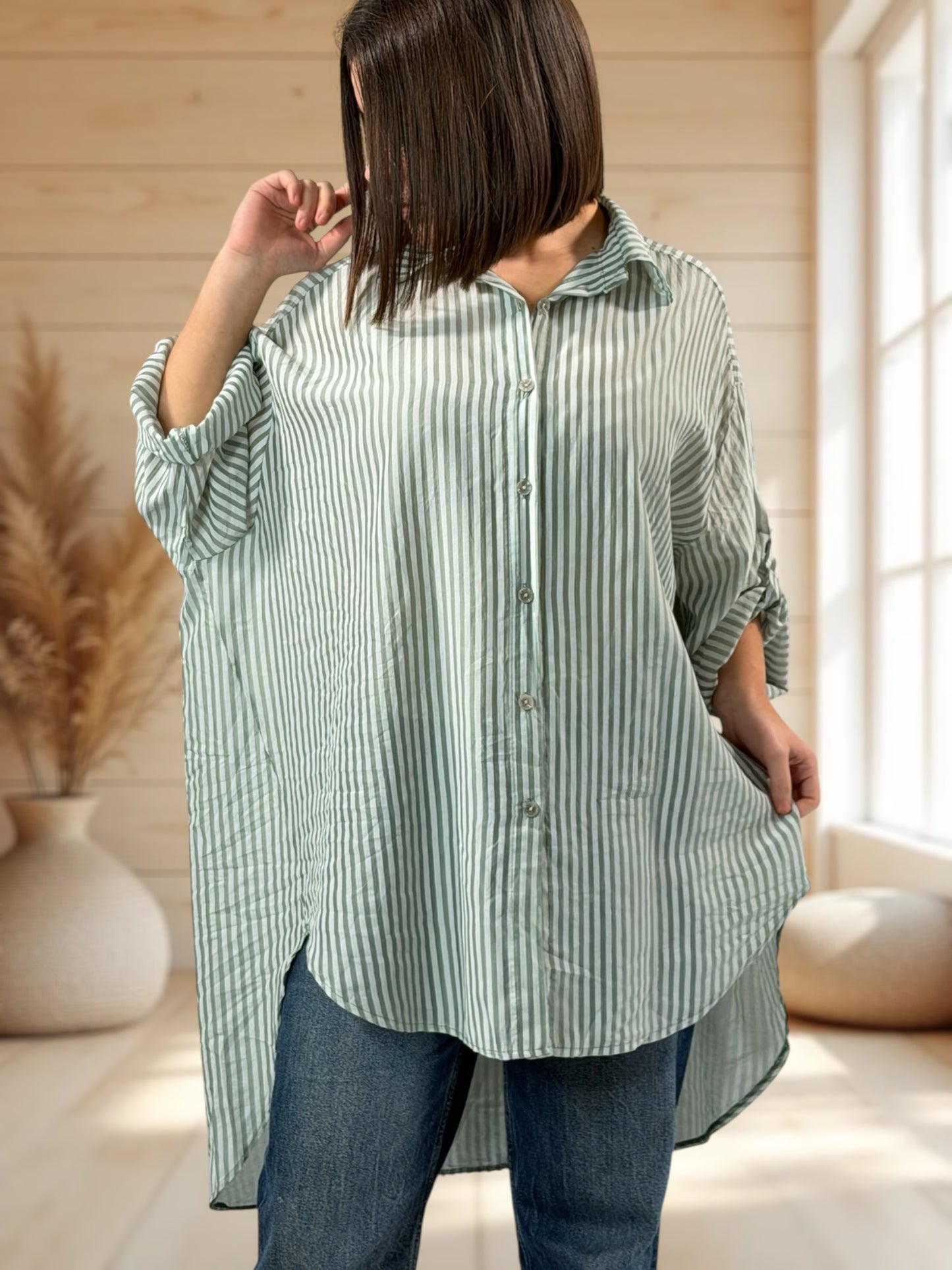 COLINE - CHEMISE OVERSIZE KAKI A RAYURE JUSQU'A LA TAILLE 60