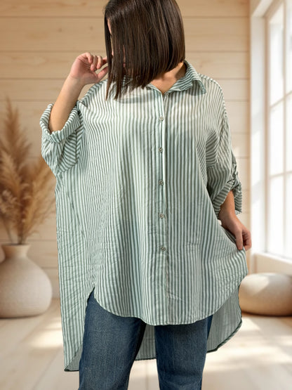 COLINE - CHEMISE OVERSIZE KAKI A RAYURE JUSQU'A LA TAILLE 60